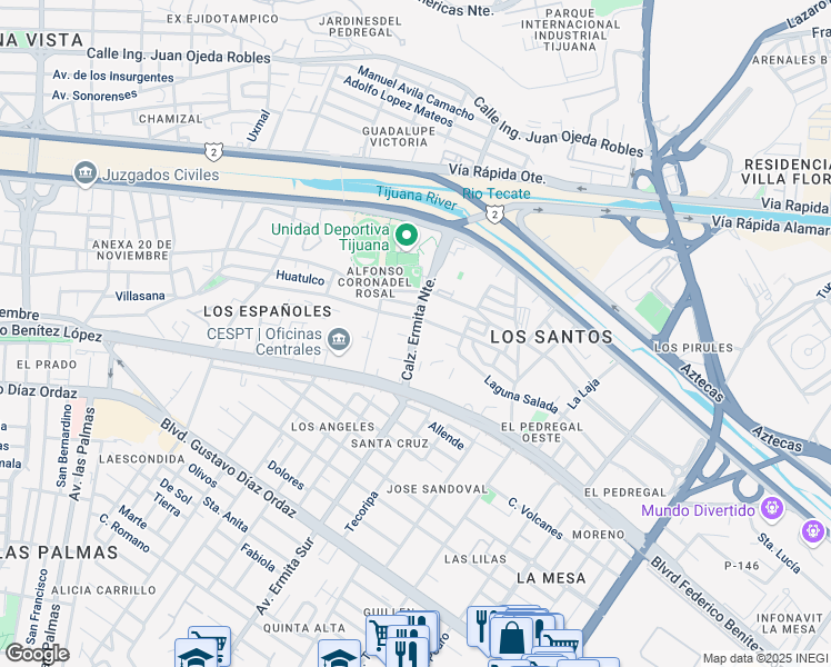 map of restaurants, bars, coffee shops, grocery stores, and more near Ermita Norte in Tijuana