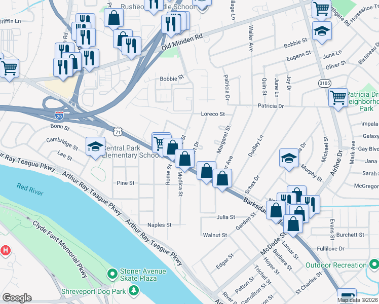 map of restaurants, bars, coffee shops, grocery stores, and more near 1112 Boone St in Bossier City
