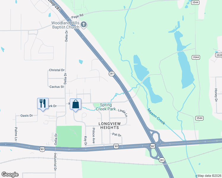 map of restaurants, bars, coffee shops, grocery stores, and more near 16 Cedar Hill Road in Longview
