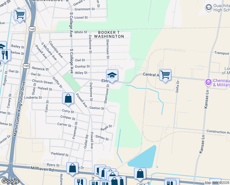 map of restaurants, bars, coffee shops, grocery stores, and more near 4200 Elm Street in Monroe