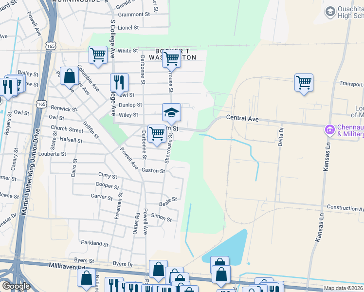 map of restaurants, bars, coffee shops, grocery stores, and more near 4200 Elm Street in Monroe