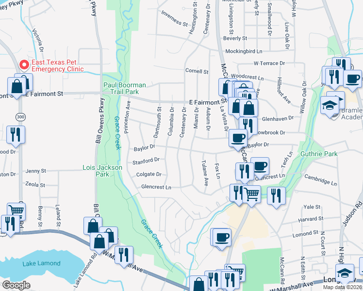 map of restaurants, bars, coffee shops, grocery stores, and more near 1305 Centenary Drive in Longview