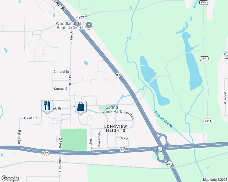 map of restaurants, bars, coffee shops, grocery stores, and more near 2600 East Loop 281 in Longview