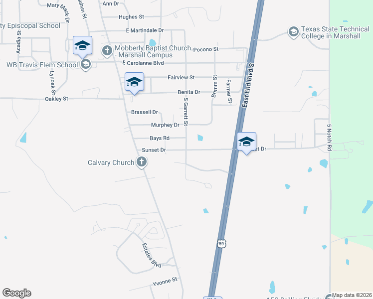 map of restaurants, bars, coffee shops, grocery stores, and more near 301 Sunset Drive in Marshall