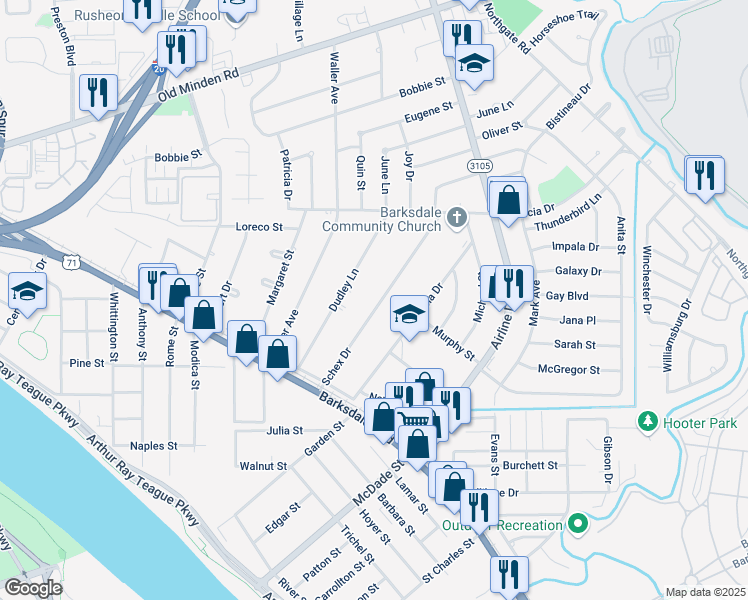 map of restaurants, bars, coffee shops, grocery stores, and more near 1201 Schex Drive in Bossier City