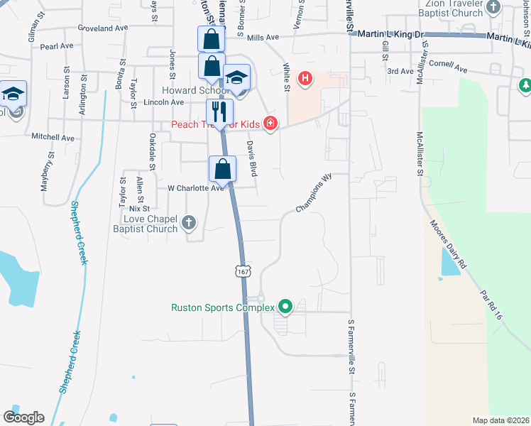 map of restaurants, bars, coffee shops, grocery stores, and more near 1526 Davis Boulevard in Ruston