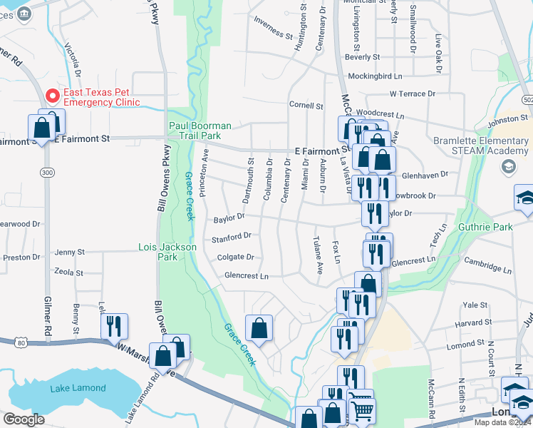 map of restaurants, bars, coffee shops, grocery stores, and more near 1300 Columbia Drive in Longview