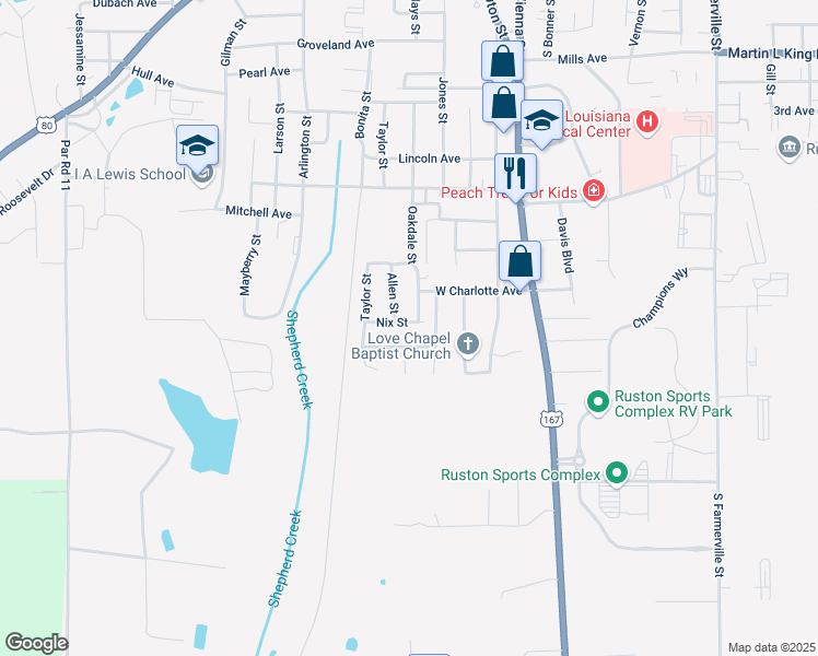 map of restaurants, bars, coffee shops, grocery stores, and more near 403 Nix Street in Ruston