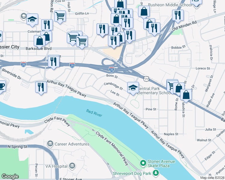 map of restaurants, bars, coffee shops, grocery stores, and more near 1815 Lee Street in Bossier City