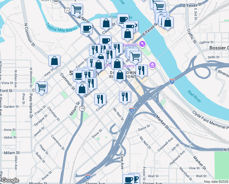 map of restaurants, bars, coffee shops, grocery stores, and more near 416 Cotton Street in Shreveport