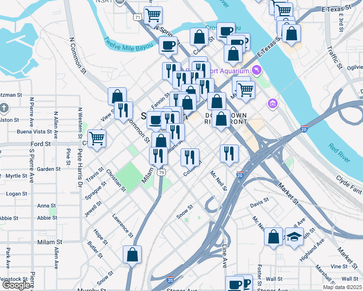 map of restaurants, bars, coffee shops, grocery stores, and more near 601 Milam Street in Shreveport