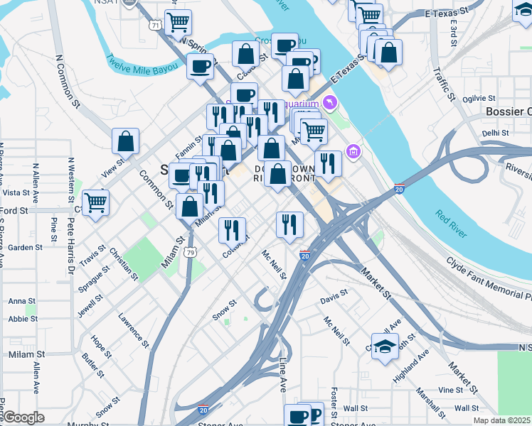 map of restaurants, bars, coffee shops, grocery stores, and more near 416 Cotton Street in Shreveport