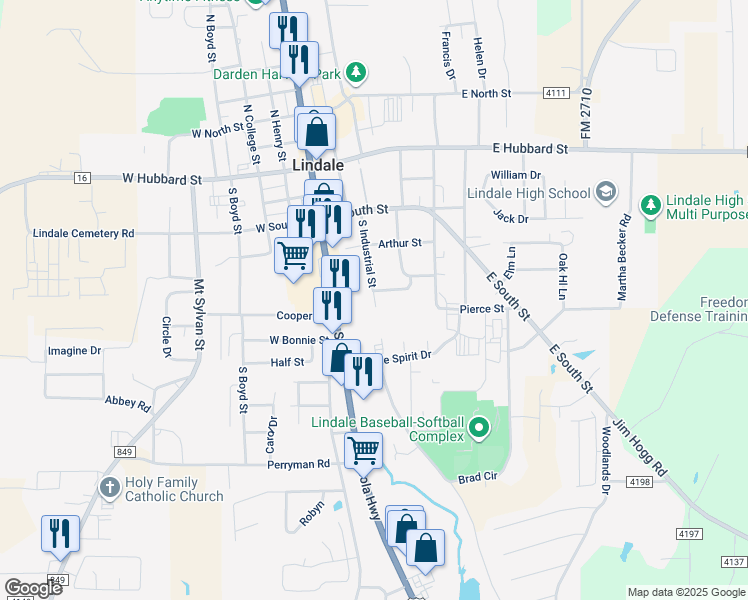 map of restaurants, bars, coffee shops, grocery stores, and more near 512 S Industrial St in Lindale