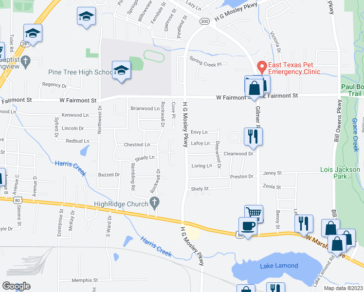 map of restaurants, bars, coffee shops, grocery stores, and more near 1207 H G Moseley Parkway in Longview