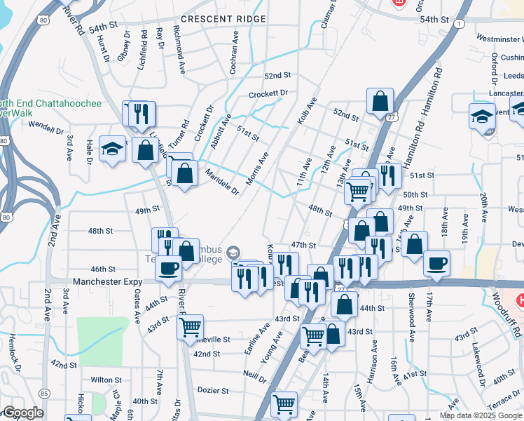 map of restaurants, bars, coffee shops, grocery stores, and more near 4753 Kolb Avenue in Columbus