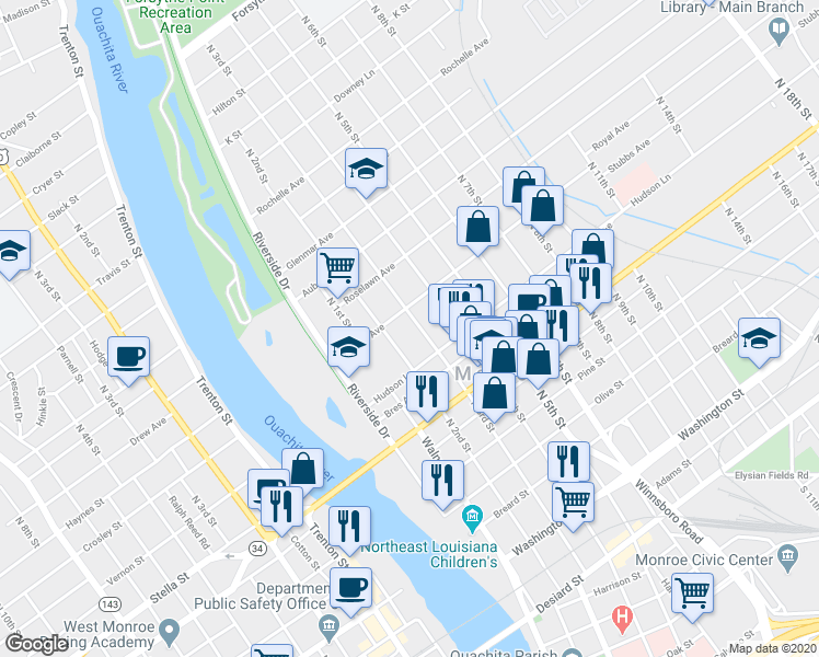 map of restaurants, bars, coffee shops, grocery stores, and more near 1011 N 3rd St in Monroe