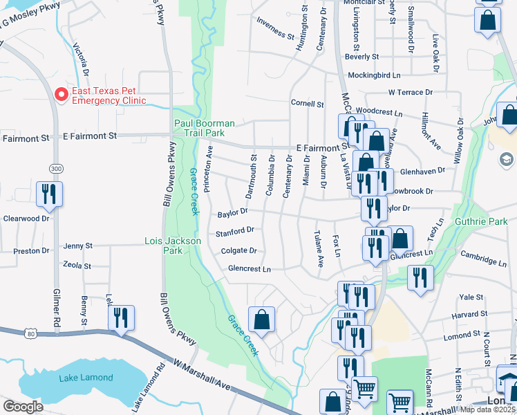 map of restaurants, bars, coffee shops, grocery stores, and more near 1302 Dartmouth Street in Longview