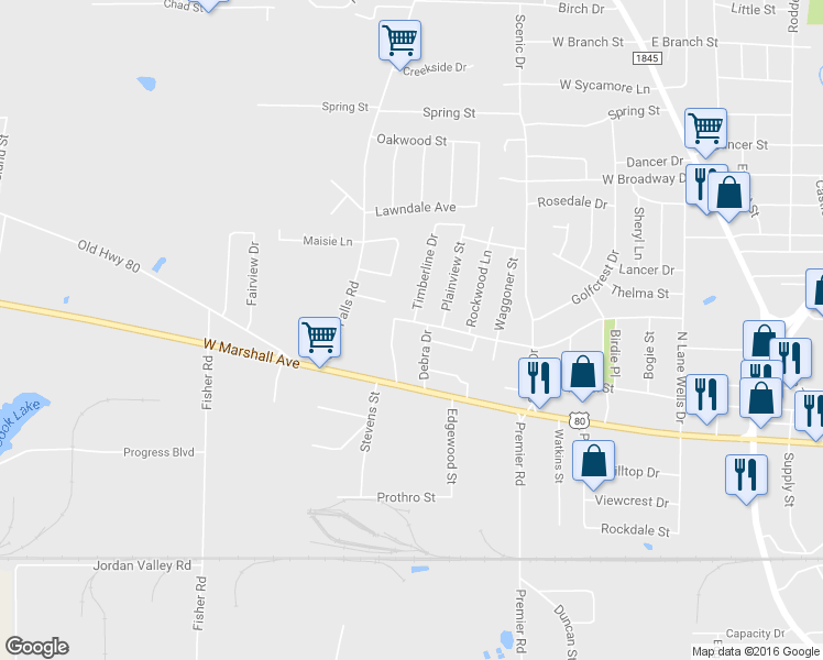 map of restaurants, bars, coffee shops, grocery stores, and more near 1210 Fairway Drive in Longview