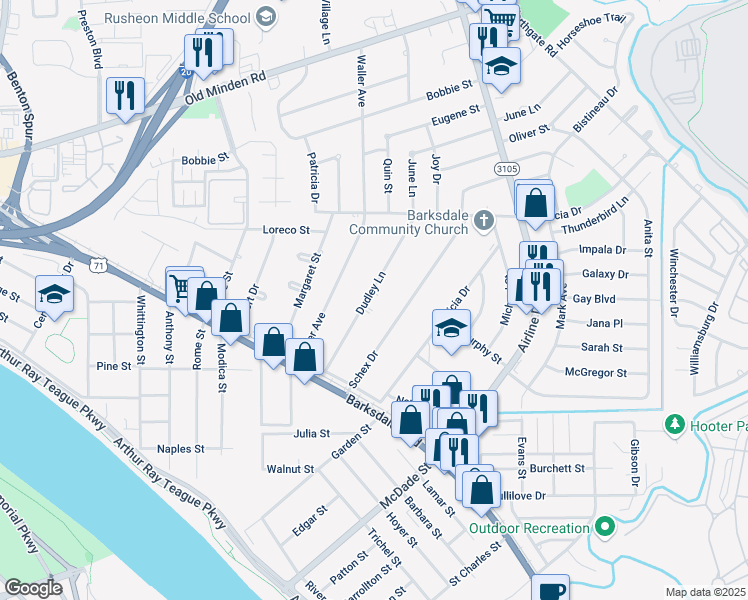 map of restaurants, bars, coffee shops, grocery stores, and more near 1188 Dudley Lane in Bossier City