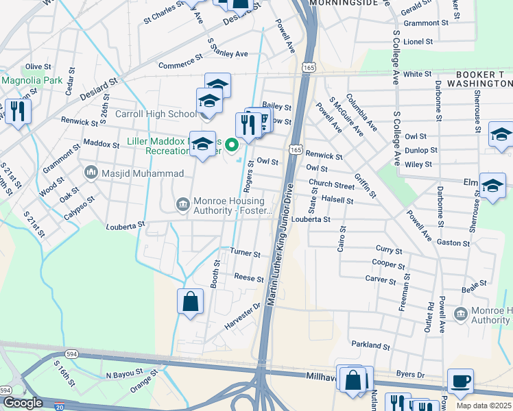 map of restaurants, bars, coffee shops, grocery stores, and more near 1601 Rogers St in Monroe