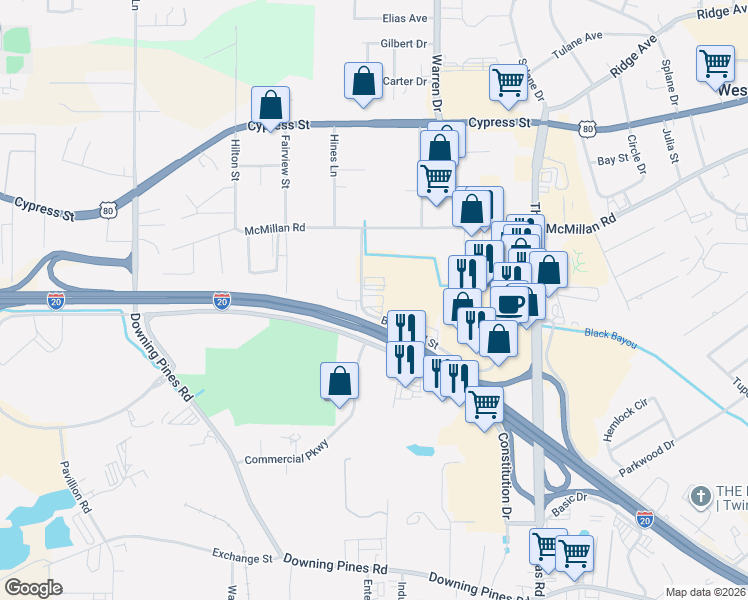 map of restaurants, bars, coffee shops, grocery stores, and more near 228 Blanchard Street in West Monroe