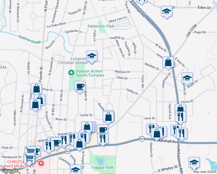 map of restaurants, bars, coffee shops, grocery stores, and more near 1303 Bluebird Drive in Longview