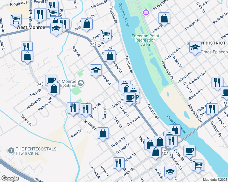 map of restaurants, bars, coffee shops, grocery stores, and more near 1403 North 3rd Street in West Monroe