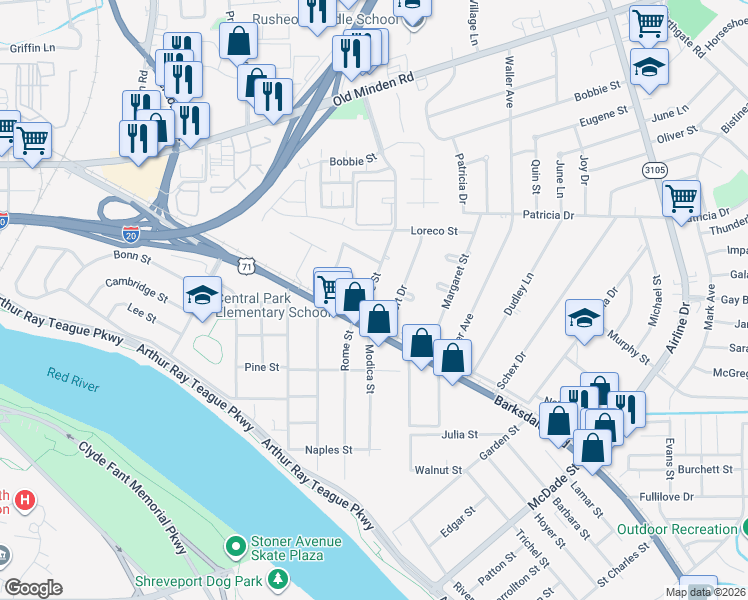 map of restaurants, bars, coffee shops, grocery stores, and more near 1112 Boone Street in Bossier City