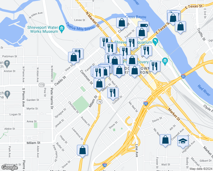 map of restaurants, bars, coffee shops, grocery stores, and more near 551 Louisiana Avenue in Shreveport