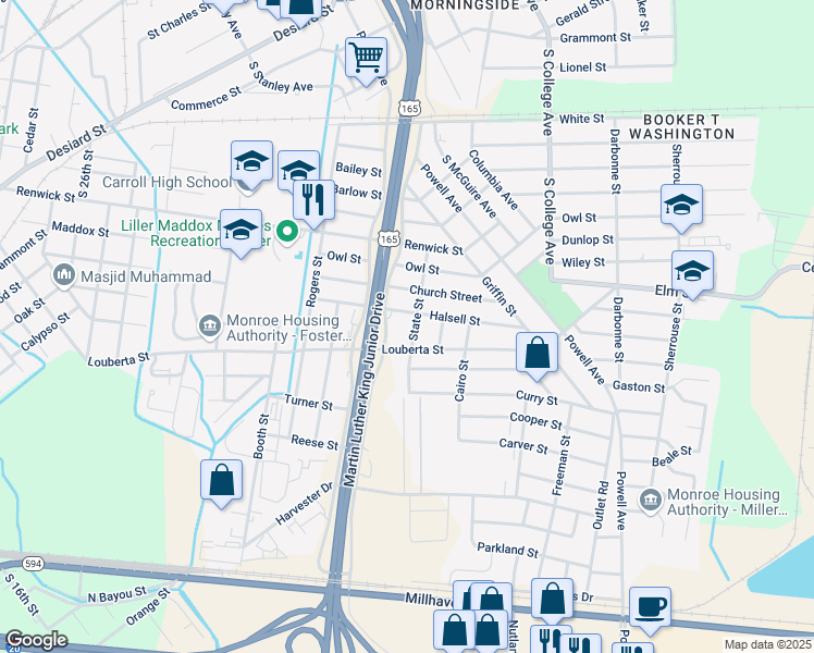 map of restaurants, bars, coffee shops, grocery stores, and more near 601-699 Martin Luther King Jr Dr in Monroe