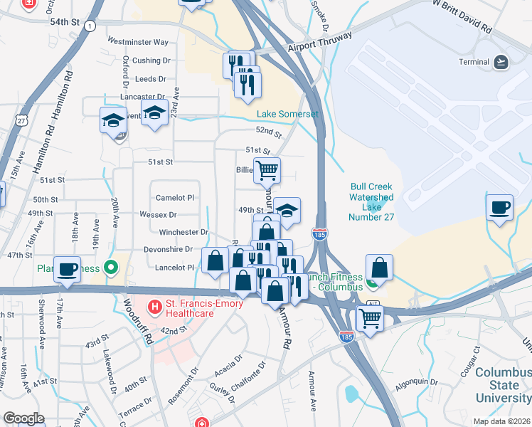 map of restaurants, bars, coffee shops, grocery stores, and more near 4809 Armour Road in Columbus