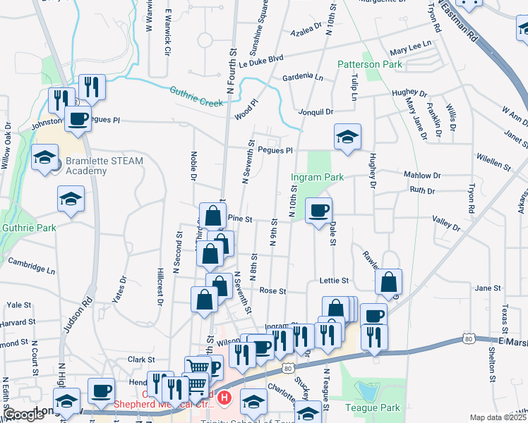 map of restaurants, bars, coffee shops, grocery stores, and more near 1003 Pine St in Longview