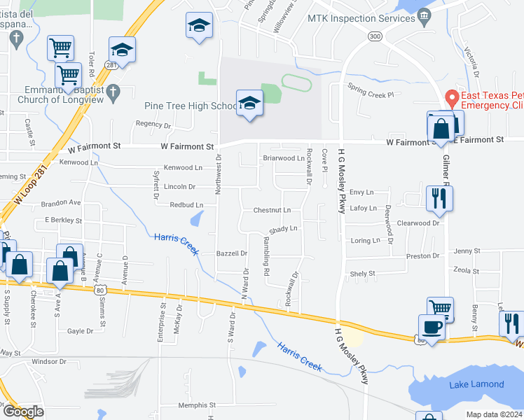 map of restaurants, bars, coffee shops, grocery stores, and more near 1806 Chestnut Lane in Longview