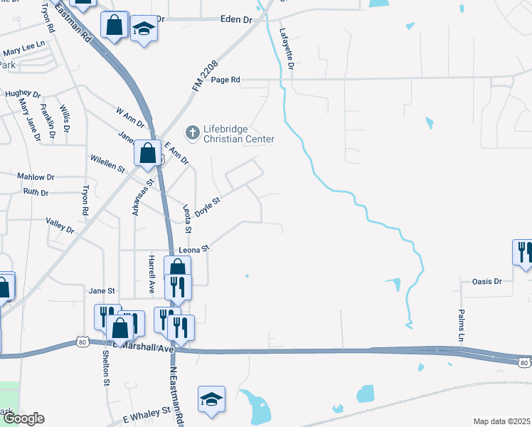 map of restaurants, bars, coffee shops, grocery stores, and more near 2057 Leona Street in Longview