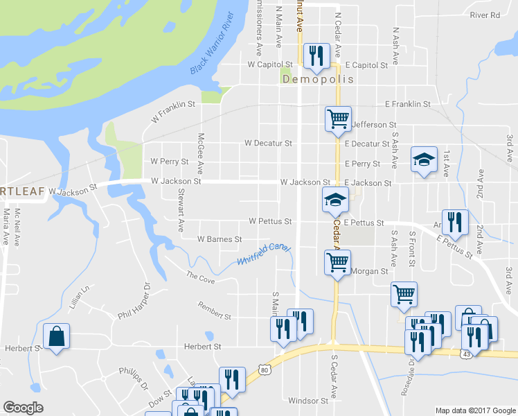 map of restaurants, bars, coffee shops, grocery stores, and more near 605 South Commissioners Avenue in Demopolis