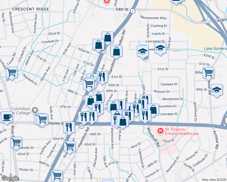 map of restaurants, bars, coffee shops, grocery stores, and more near 1599 49th St in Columbus