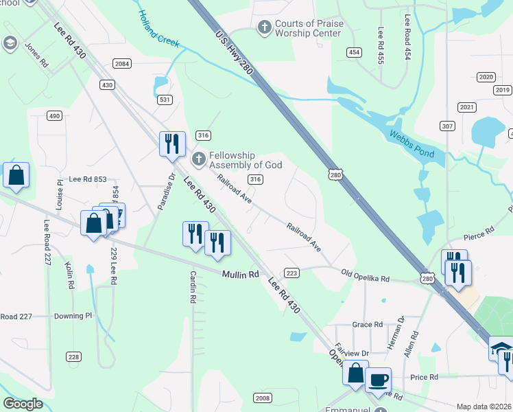 map of restaurants, bars, coffee shops, grocery stores, and more near 316 Lee Road 243 in Smiths Station
