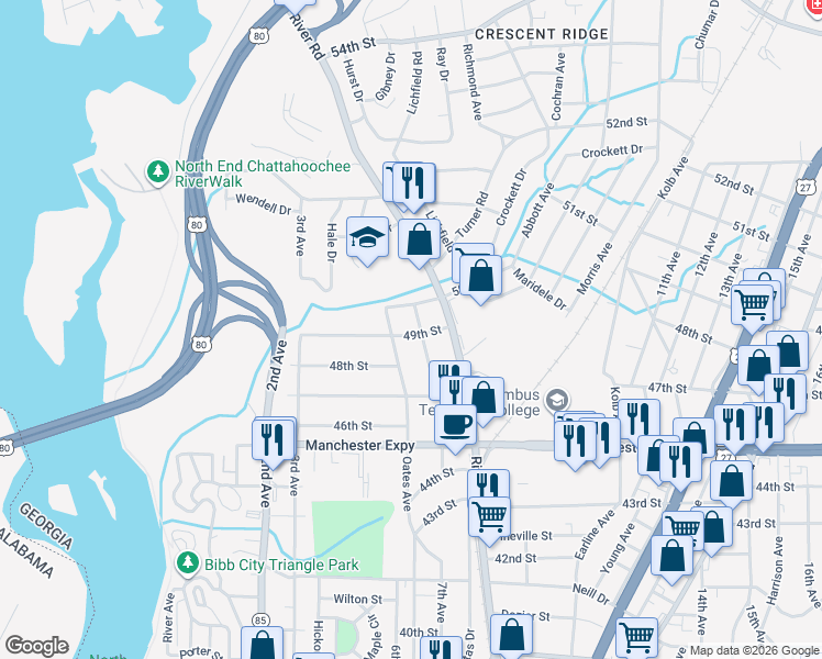 map of restaurants, bars, coffee shops, grocery stores, and more near 617 49th Street in Columbus