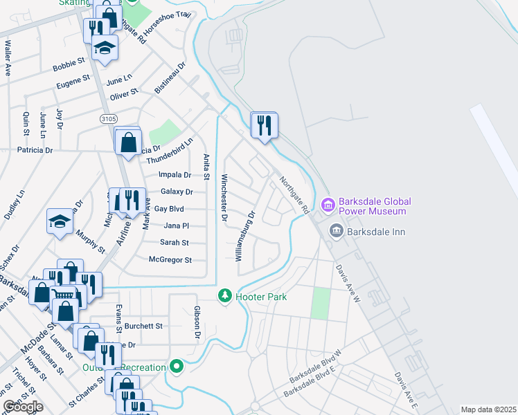 map of restaurants, bars, coffee shops, grocery stores, and more near 1435 Williamsburg Drive in Bossier City