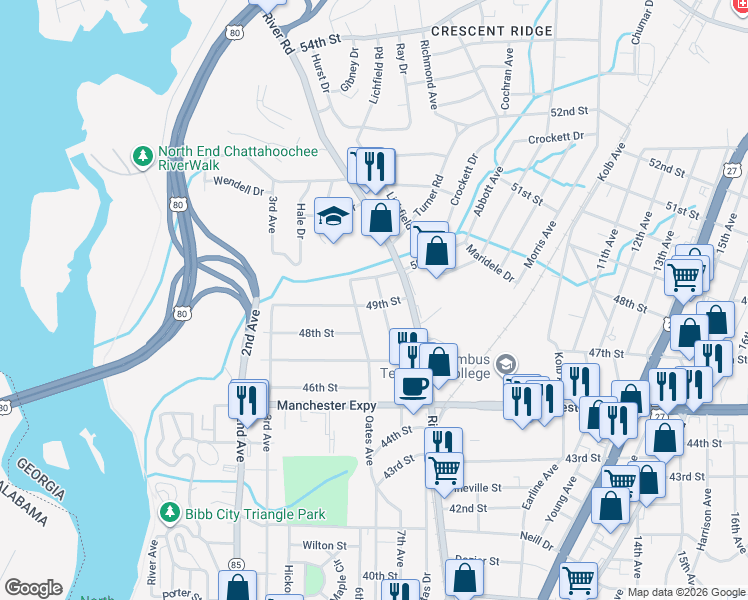 map of restaurants, bars, coffee shops, grocery stores, and more near 617 49th Street in Columbus