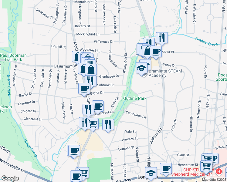 map of restaurants, bars, coffee shops, grocery stores, and more near 611 Baylor Drive in Longview