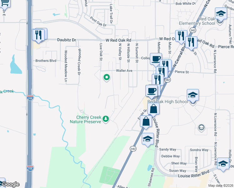 map of restaurants, bars, coffee shops, grocery stores, and more near 116 Pecan Creek St in Red Oak