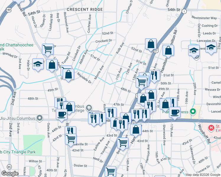 map of restaurants, bars, coffee shops, grocery stores, and more near 4751 11th Avenue in Columbus