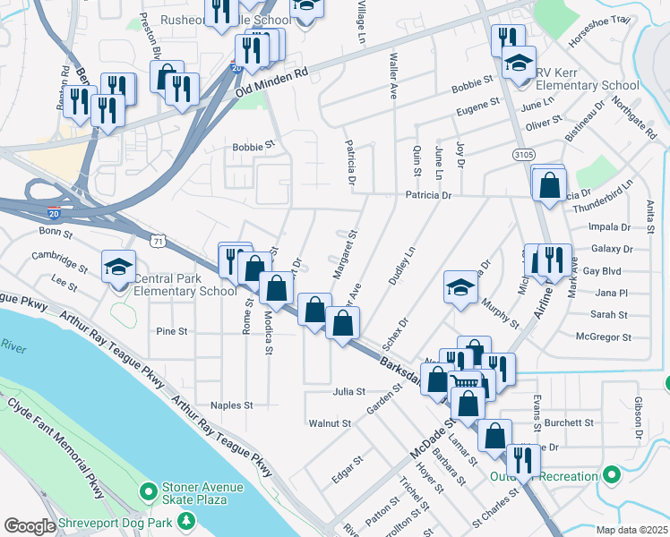 map of restaurants, bars, coffee shops, grocery stores, and more near 101 State Court in Bossier City