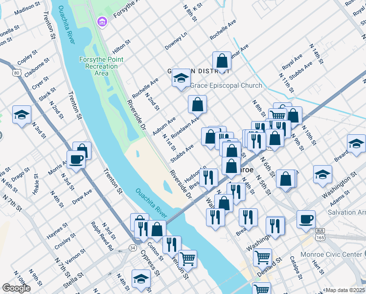 map of restaurants, bars, coffee shops, grocery stores, and more near 1100-1104 N 2nd St in Monroe