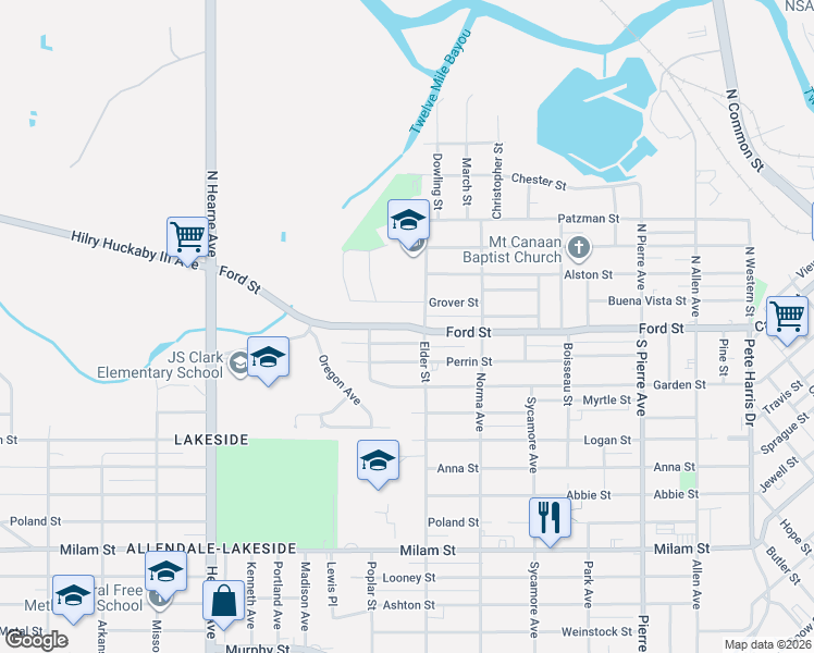 map of restaurants, bars, coffee shops, grocery stores, and more near 2012 Ford Street in Shreveport