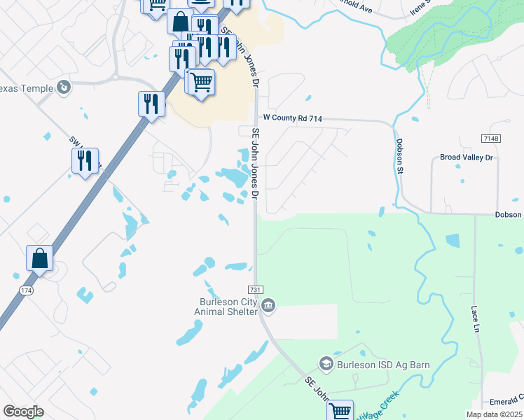 map of restaurants, bars, coffee shops, grocery stores, and more near 548 Thistle Meade Circle in Burleson