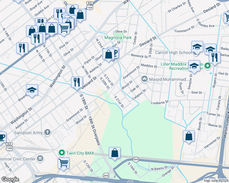 map of restaurants, bars, coffee shops, grocery stores, and more near 2101 Wood Street in Monroe