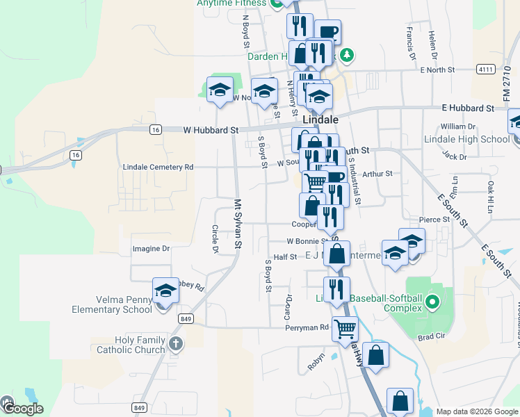 map of restaurants, bars, coffee shops, grocery stores, and more near 509 South Boyd Street in Lindale