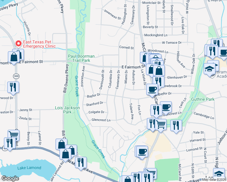 map of restaurants, bars, coffee shops, grocery stores, and more near 1305 Centenary Drive in Longview
